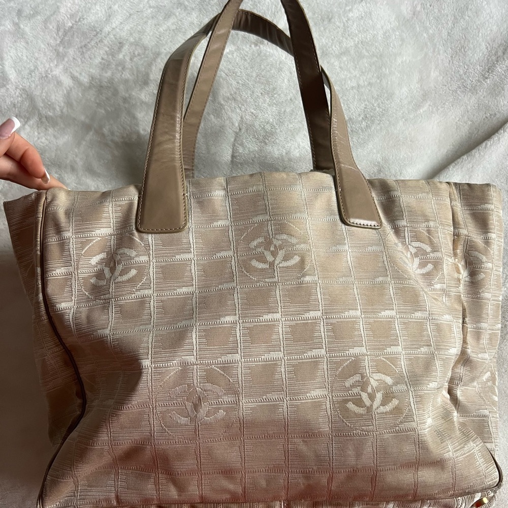 CHANEL Tan Travel Line Tote Bag with Interlocking CC Logo